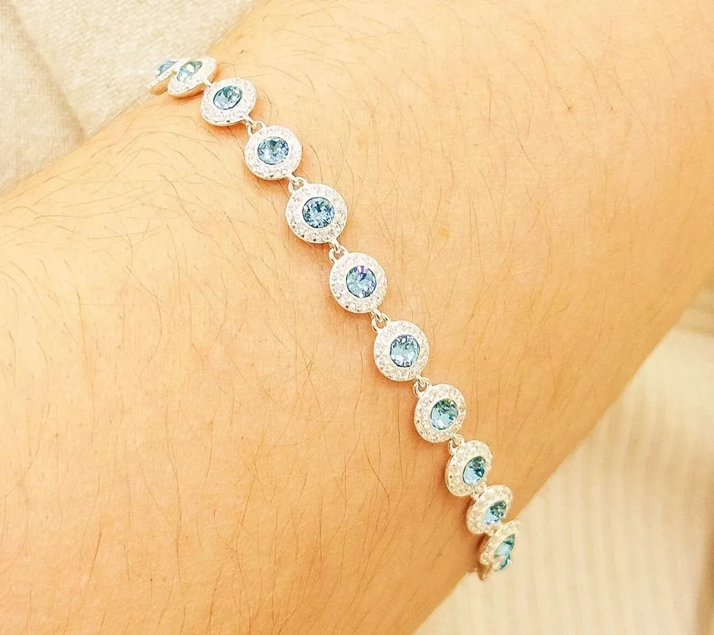 PULSEIRA PRATA PEDRA SWAROVSKI AQUAMARINE