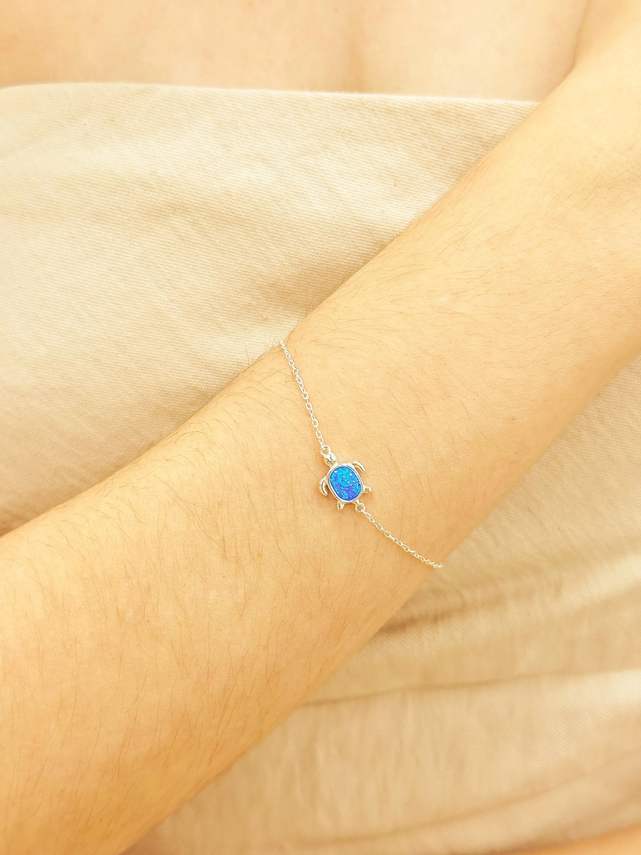 PULSEIRA PRATA TARTARUGA PEDRA OPALA AZUL