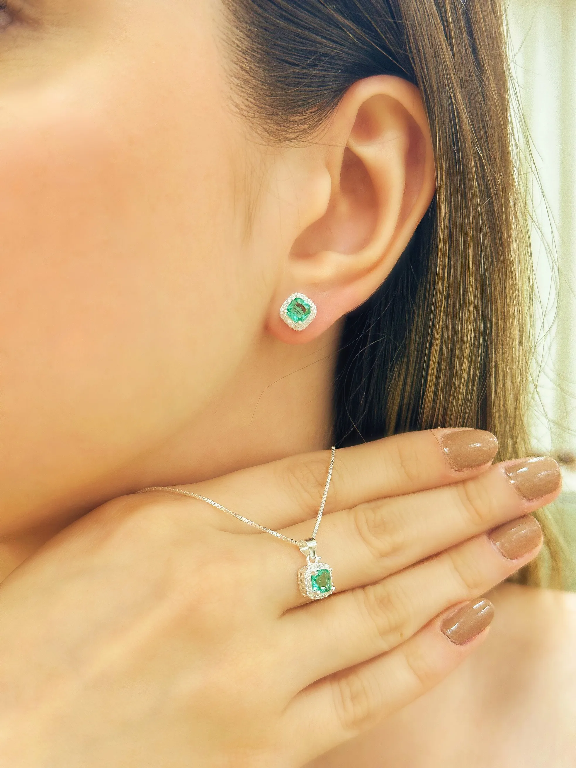 CONJUNTO PRATA PEDRA QUADRADA BORDA CRAVEJADA AQUAMARINE