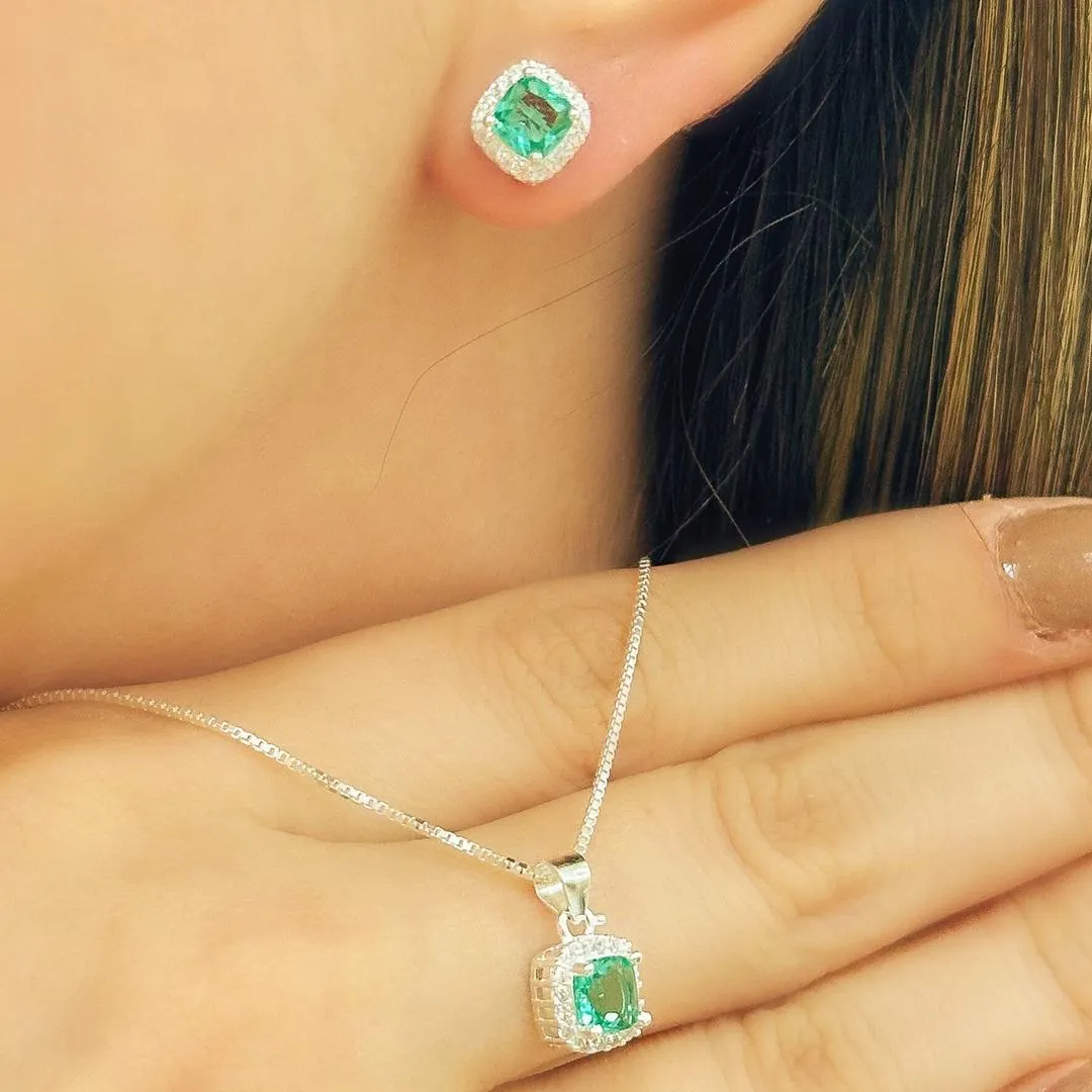 CONJUNTO PRATA PEDRA QUADRADA BORDA CRAVEJADA AQUAMARINE