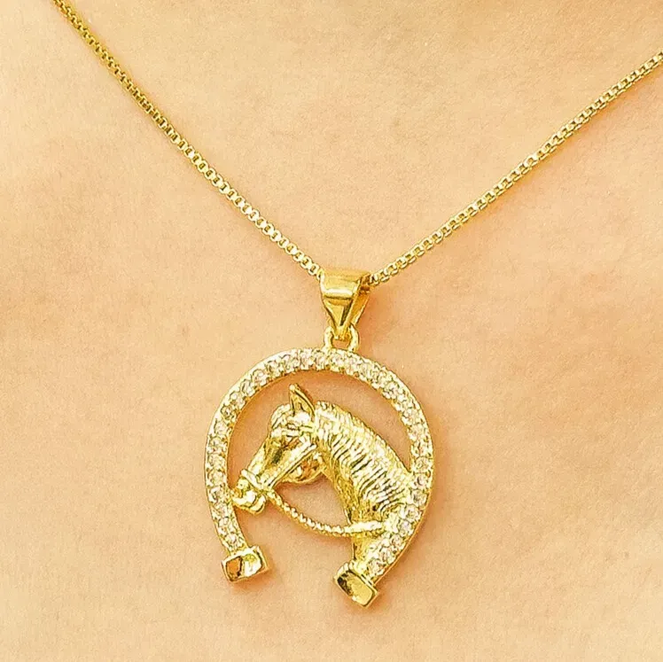 GARGANTILHA FERRADURA COM CAVALO CRAVEJADA