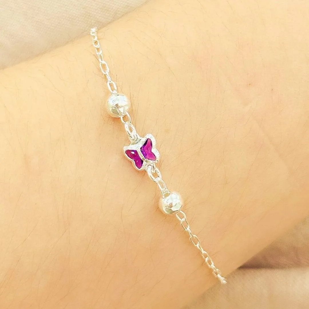 PULSEIRA PRATA BORBOLETA LILÁS COM BOLAS