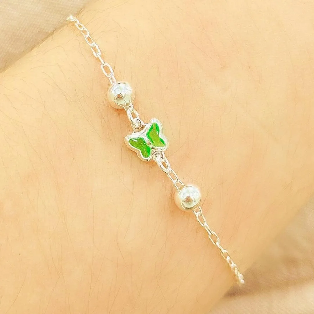 PULSEIRA PRATA BORBOLETA VERDE COM BOLAS