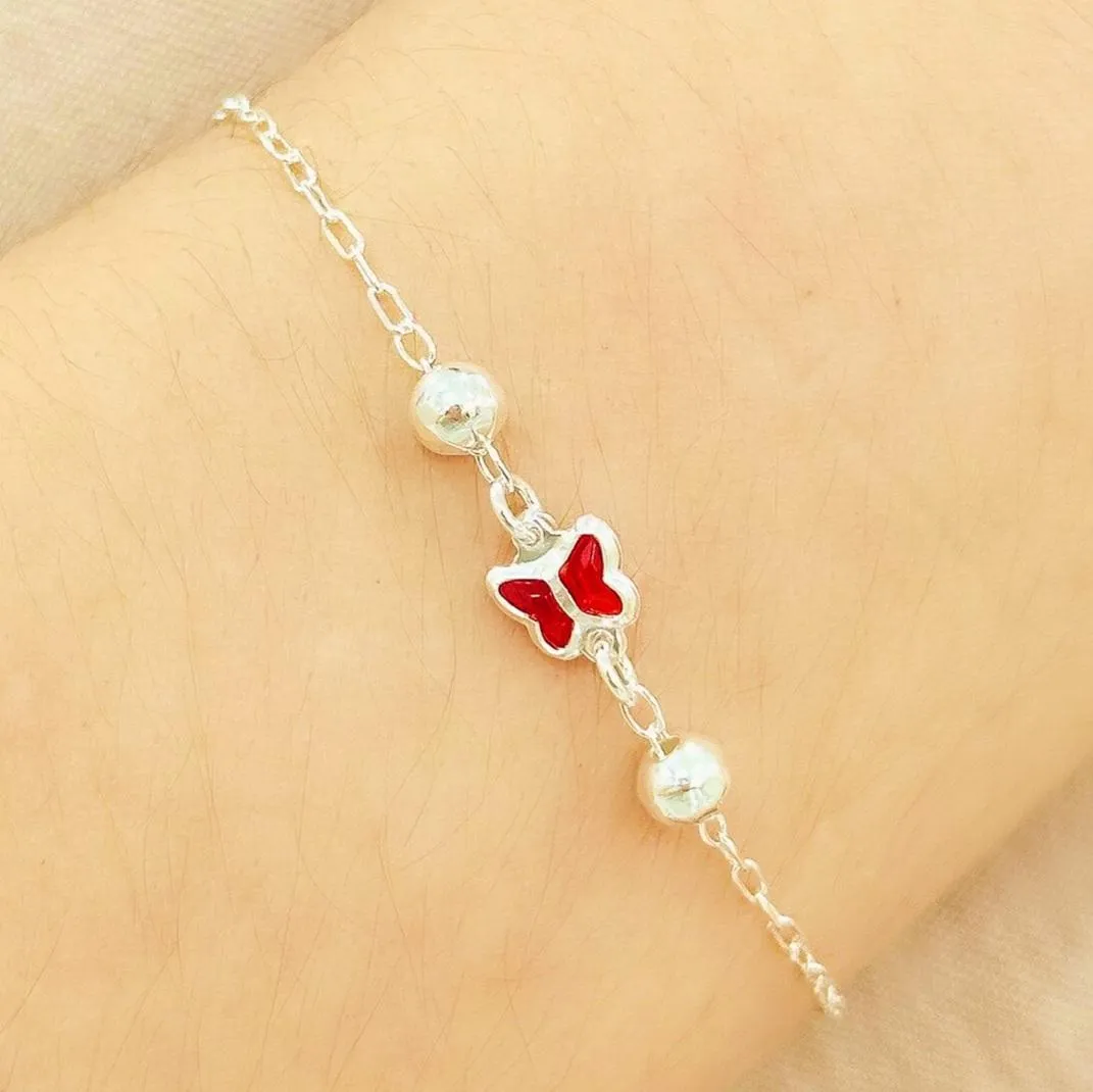 PULSEIRA PRATA BORBOLETA VERMELHA COM BOLAS