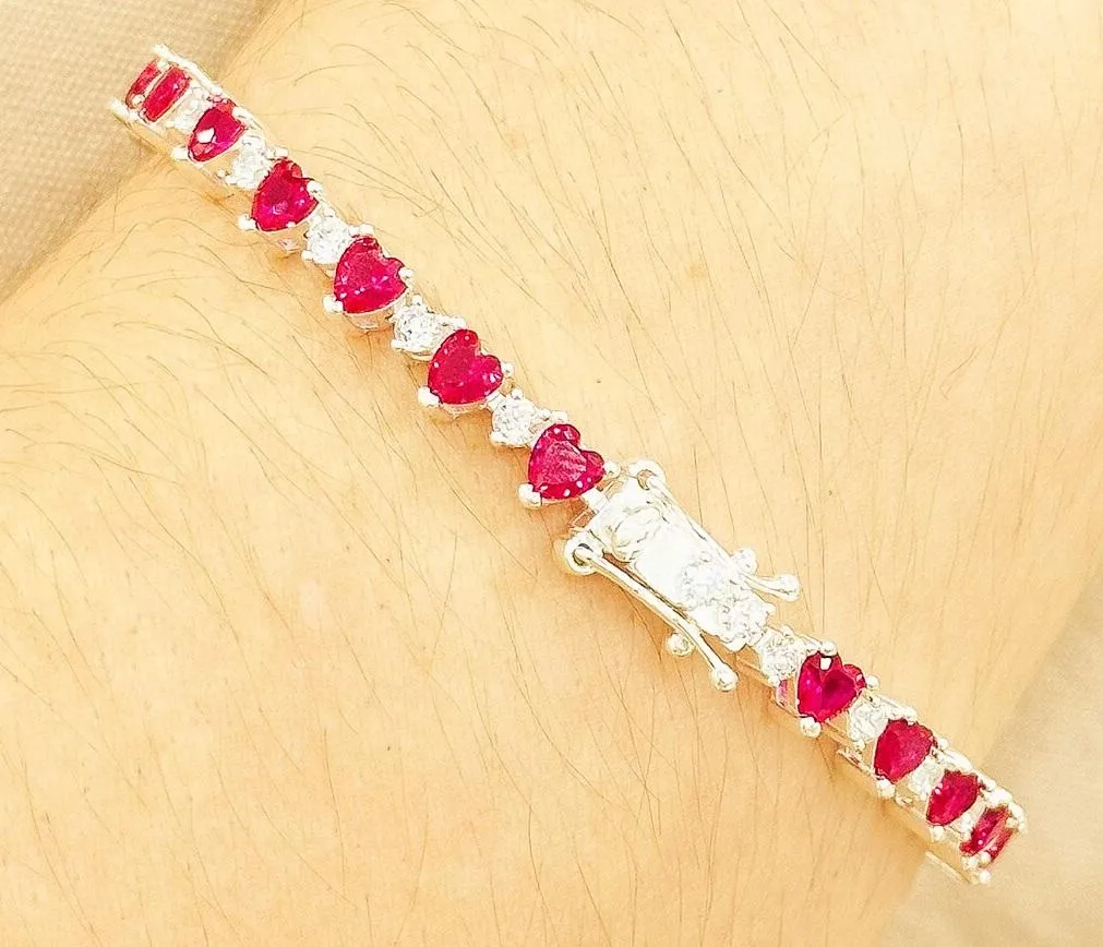 PULSEIRA PRATA CORAÇÕES RUBI FECHO GAVETA