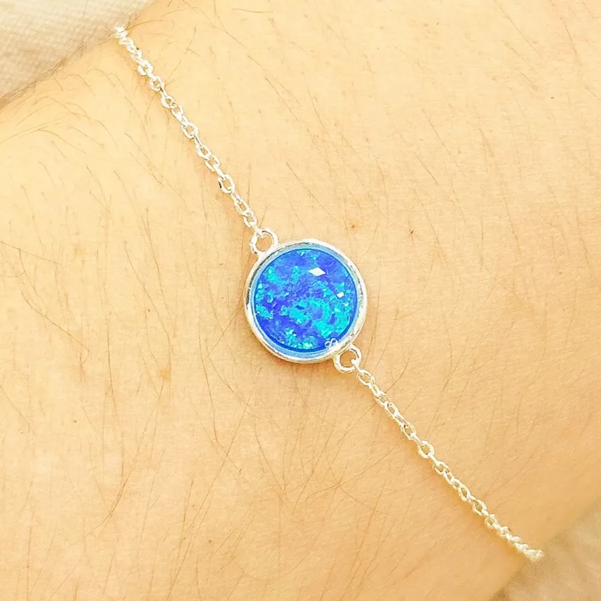 PULSEIRA PRATA ESFERA PEDRA OPALA AZUL