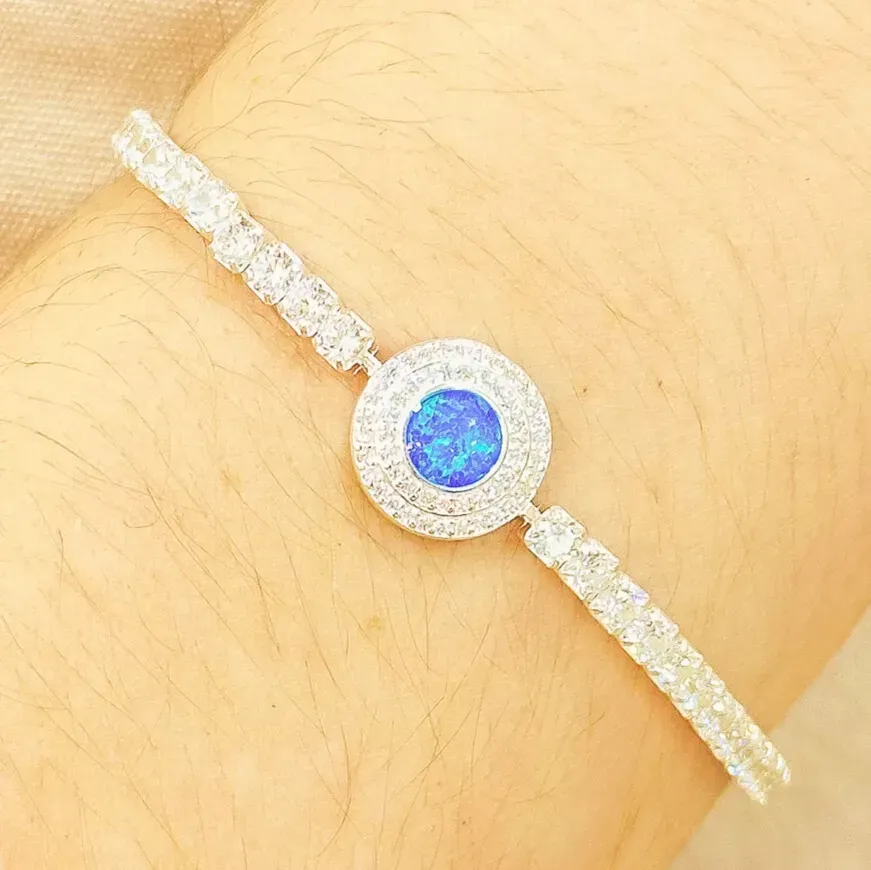 PULSEIRA PRATA RIVIERA ESFERA CRAVAJDA COM PEDRA OPALA REGULÁVEL