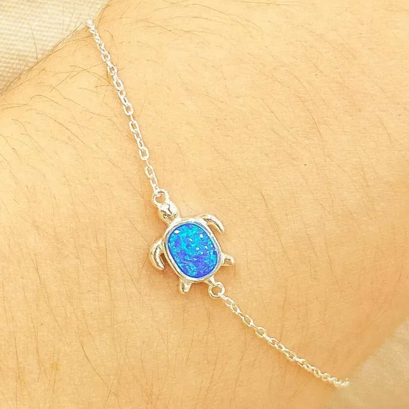 PULSEIRA PRATA TARTARUGA PEDRA OPALA AZUL