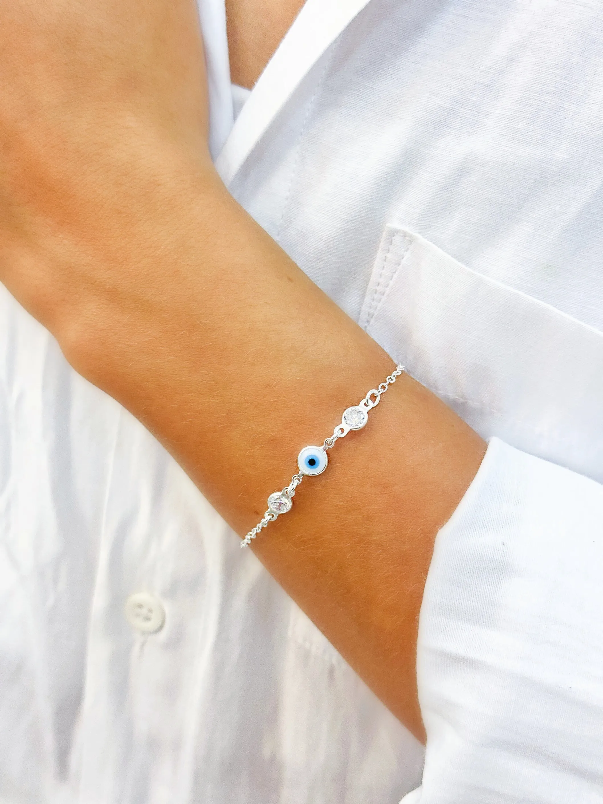 PULSEIRA PRATA OLHO GREGO COM PONTO DE LUZ