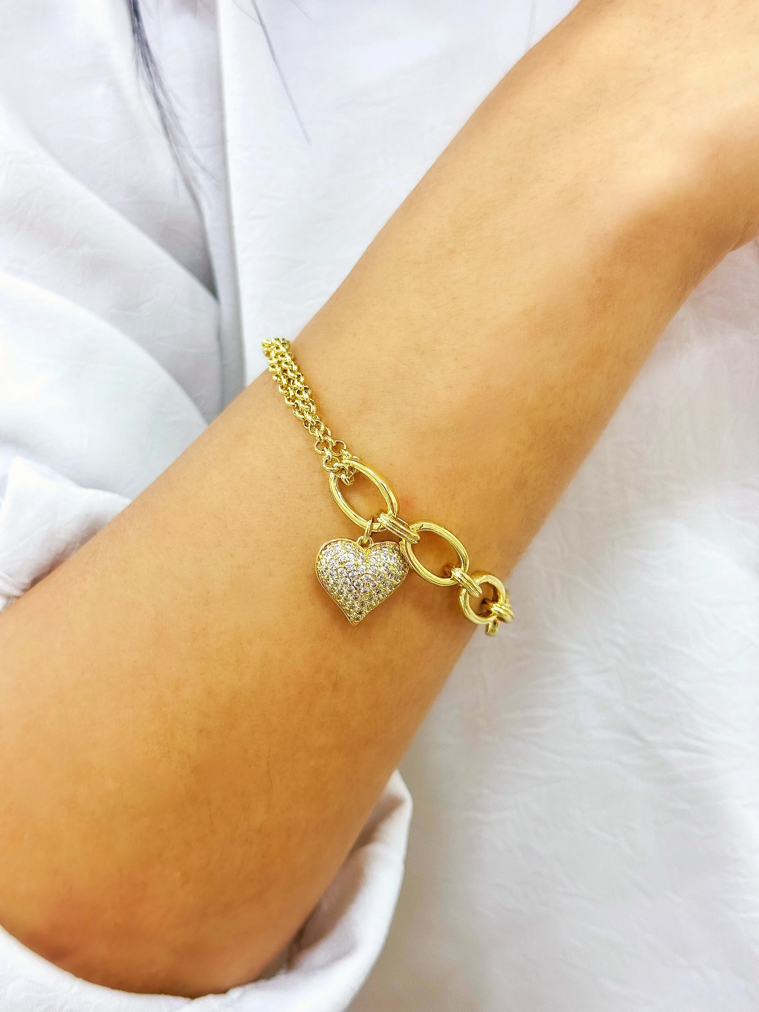 PULSEIRA ELO OVAL E PORTUGUES COM CORAÇÃO CRAVEJADO