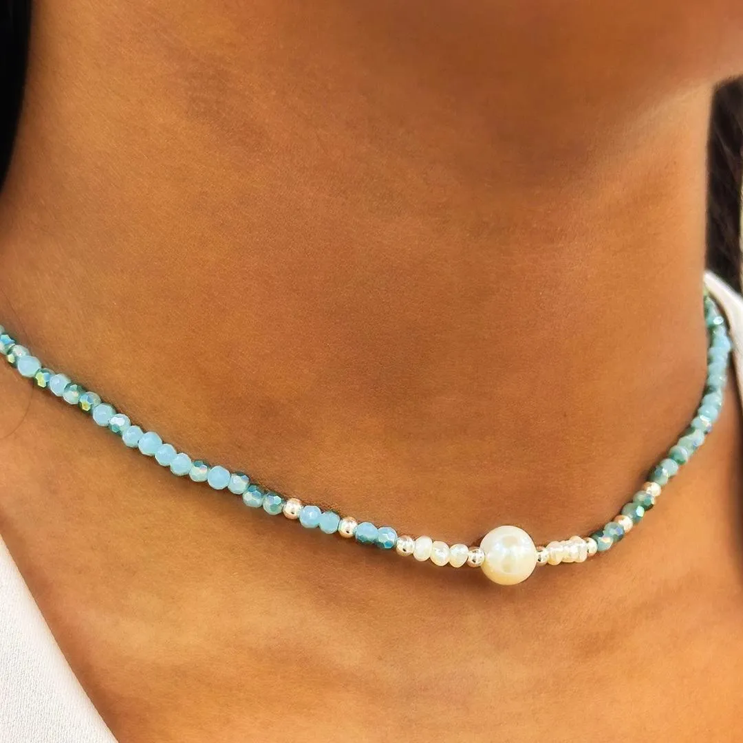CHOKER PRATA PEDRAS TURQUEZA LAPIDADA COM PEROLAS