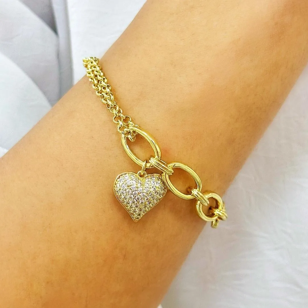PULSEIRA ELO OVAL E PORTUGUES COM CORAÇÃO CRAVEJADO