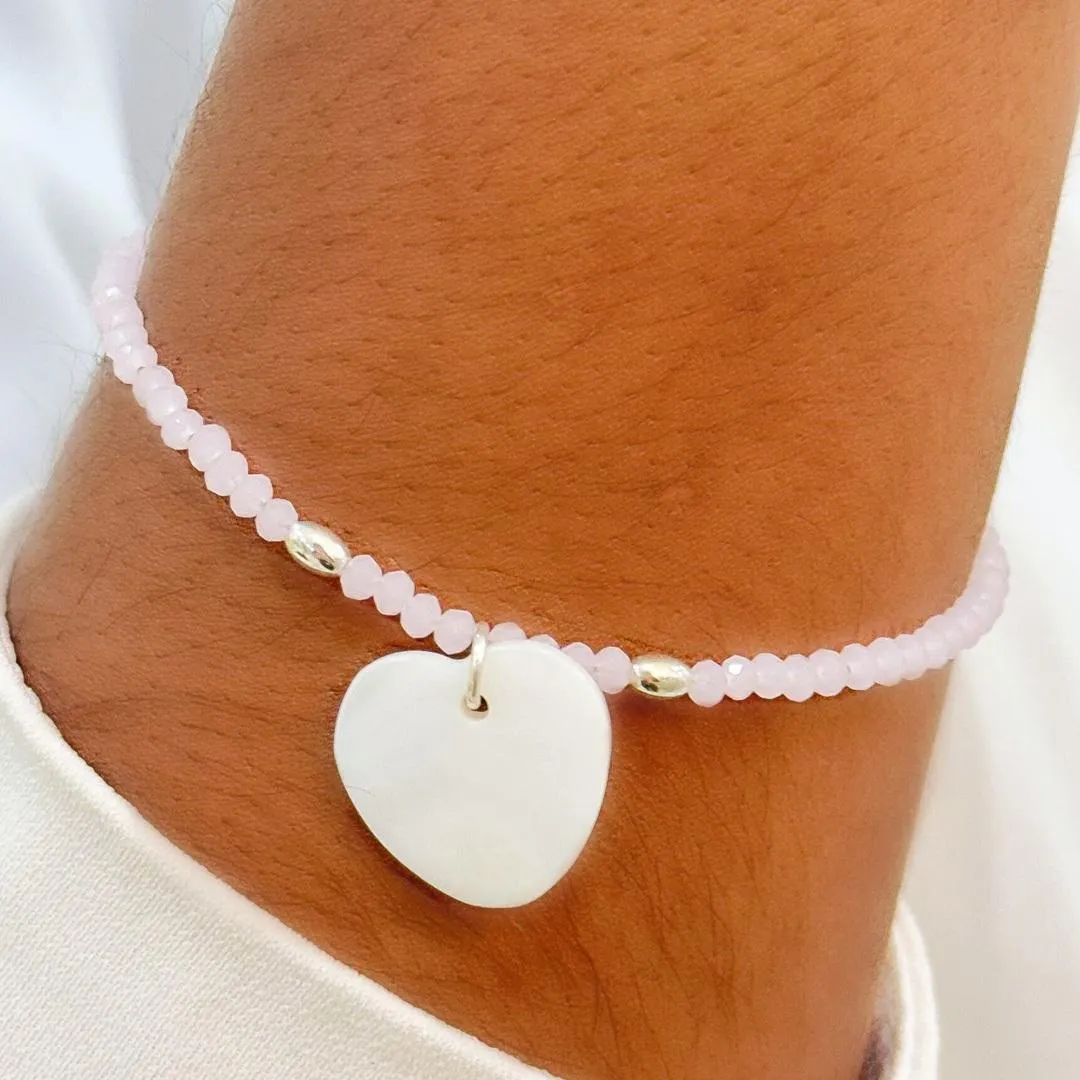 PULSEIRA PRATA CRISTAIS ROSA COM CORAÇÃO MADRE PEROLA