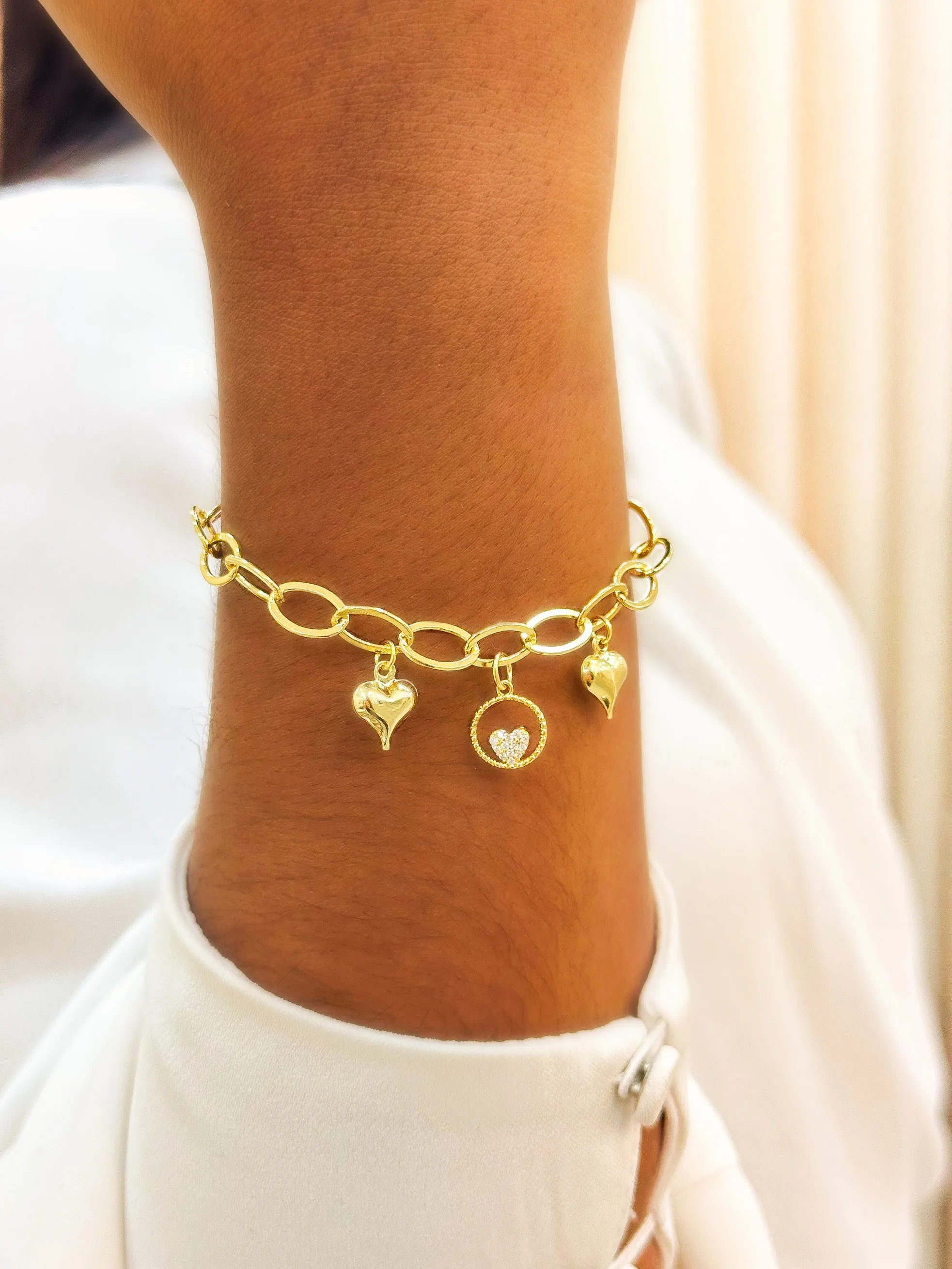 PULSEIRA  ELO OVAL CORAÇÃO LISO E CRAVEJADO