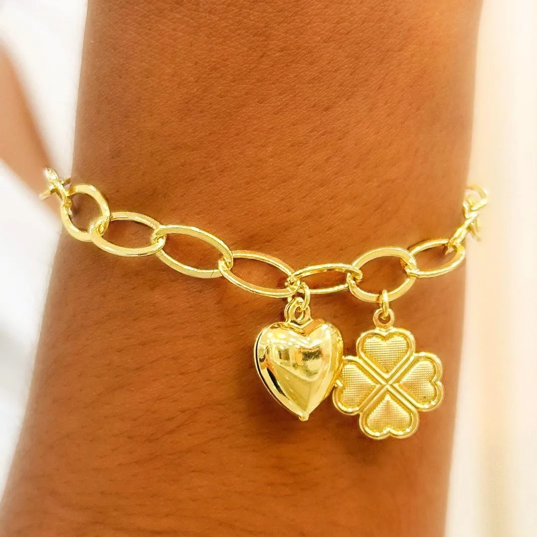 PULSEIRA  ELO OVAL CORAÇÃO E TREVO