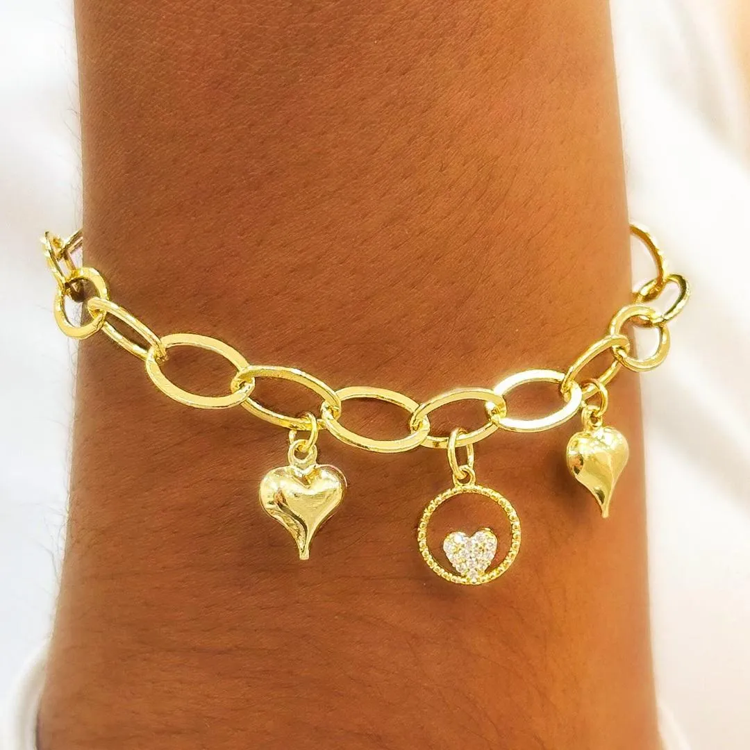 PULSEIRA  ELO OVAL CORAÇÃO LISO E CRAVEJADO