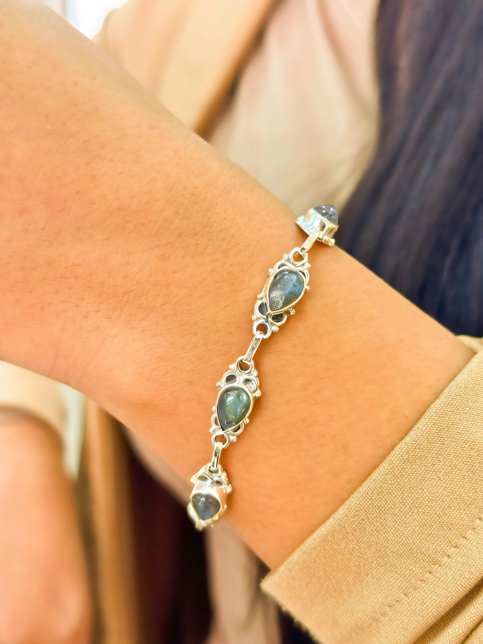 PULSEIRA PRATA GOTA PEDRA NATURAL LABRADORITA